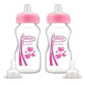 Dr. Brown’s Wide-Neck Options Baby Bottles, 2-in-1 Transition Bottle Kit, 9 ounce, Pink, 2 Count