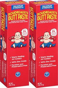 Boudreaux’s Butt Paste Diaper Rash Ointment – Maximum Strength – Contains 40% Zinc Oxide – Paraben and Preservative-Free – 4oz (2 Pack)