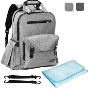 Baby Backpack Diaper Bag | Large Capacity Multi-Functional Travel Nappy Bag for Maternity Mom Dad with Changing Pad, Insulated Pockets, Stroller Straps (Light Grey)