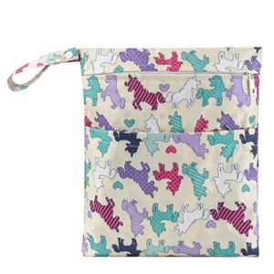 Baby Wet Dry Cloth Diaper Bags,Diapers Wet Bags Waterproof Reusable with Two Zippered Pockets -2 Pack(Unicorn & Polka dot)