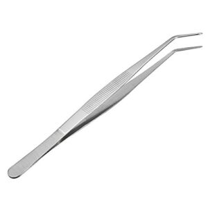 uxcell 10-Inch Stainless Steel Tweezers with Curved Pointed Serrated Tip