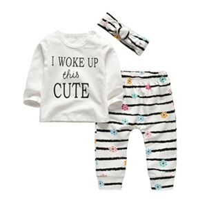 3Pcs Baby Girl Outfits Set I Woke Up This Cute Long Sleeve T-Shirt Tops Flowers Pants with Headband (0-6 Months)