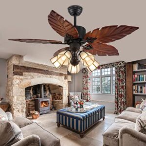 52” Tropical Ceiling Fan with Remote Palm Wooden Leaf Ceiling Fan with 5 Glass Lampshade and Hand-Carved Reversible Blades for Indoor/Outdoor Living Room Bedroom Kitchen by Akronfire