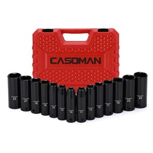 CASOMAN 1/2-Inch Drive Deep Impact Socket Set, Metric, Cr-V, 6-Point, 10 mm – 24 mm, 14-Sockets Set