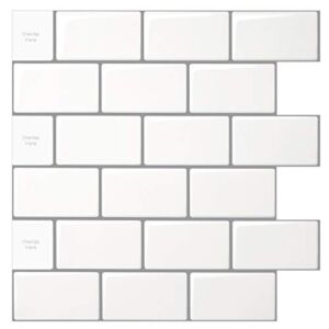 LONGKING 10-Sheet Peel and Stick Tile for Kitchen Backsplash, 12×12 inches Off White Subway Tile with Grey Grout