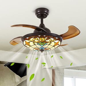 NOXARTE Tiffany Ceiling Fan Vintage Stained Glass Chandelier Fan Retractable Blades Dimmable Remote and APP Control for Living Room Bedroom 36 Inch
