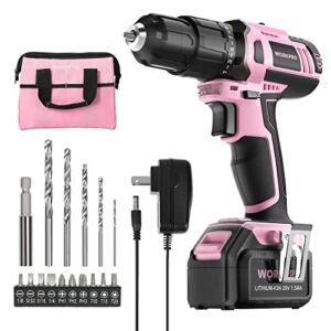 WORKPRO Pink Cordless 20V Lithium-ion Drill Driver Set, 1 Battery, Charger and Storage Bag Included – Pink Ribbon