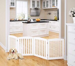 PAWLAND Wooden Freestanding Foldable Pet Gate for Dogs, 24 inch 4 Panels Step Over Fence, Dog Gate for The House, Doorway, Stairs, Extra Wide (White, 24″ Height-4 Panels)