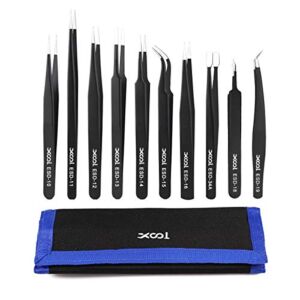 Precision Tweezers Set, XOOL 10 PCS ESD Tweezers Set, Anti-Static Stainless Steel Tweezers Kit, Non-magnetic and Multi-standard Stainless Steel Tweezers for Lab, Electronics, Jewelry and Detailed Work