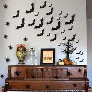 KALEFO 84PCS Halloween Bat Spider PET Wall Decals 3D Black Bats Wall Stickers Party Decorations