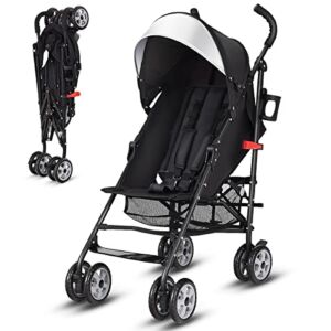 BABY JOY Lightweight Stroller, Compact Travel Stroller, Infant Stroller w/Adjustable Backrest & Canopy, Cup Holder, Storage Basket, 5-Point Harness, Easy Fold, Umbrella Stroller for Toddler, Black