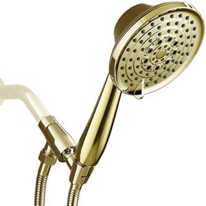 Luxury High Pressure 5“ Face 6 Setting Detachable Handheld Shower Head with Extra Long Flexible Metal Hose(70” Stretches to 75”), Adjustable Metal Holder, Polished Brass Finish (2.5GPM)
