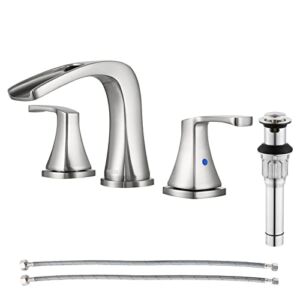 PARLOS Waterfall Widespread Bathroom Faucet Two Handles with Metal Pop Up Drain & cUPC Faucet Supply Lines, Doris (Brushed Nickel)
