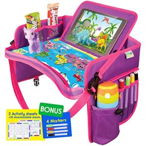 ECOFANTASY Kids Travel Tray w/Dry Erase Top – Car Seat Travel Tray Table for Toddler – Travel and Road Trip Essentials Kids – Car Lap Desk with Storage
