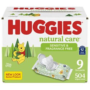 Sensitive Baby Wipes, Huggies Natural Care Baby Diaper Wipes, Unscented, Hypoallergenic, 99% Purified Water, 56 Count (Pack of 9) (504 Wipes Total)