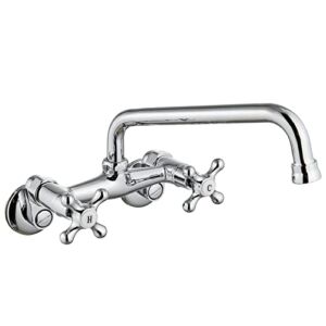 Wall Mount Kitchen Faucet Polish Chrome Double Cross Handle Commercial 3 Inch to 9 Inch Adjustable Hole Distance Spread Silver Mixer Tap 9 inch Spout Reach