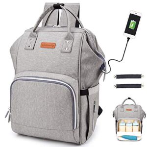 Diaper Bag Backpack, hopopower Multifunction Travel BackPack with USB Charging Port Insulated Pockets Maternity Baby Nappy Bag School Work Everyday Carry Bag, Waterproof and Stylish, Gray