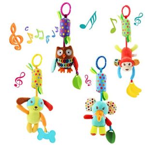 Joyshare 4 PCS Baby Soft Hanging Rattle Crinkle Squeaky Toy – Baby Toys for 0 3 6 9 to 1 Animal Ring Plush Stroller Infant Car Bed Crib Travel Activity Hanging Wind Chime with Teether for Boys Girls
