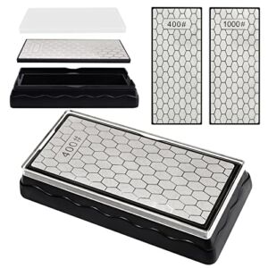Double-Sided Diamond Sharpening Stone, Kalolary Knife Sharpener Stone Whetstone Honeycomb Surface Plate with Non-slip Base for Scissors Knives Outdoor Kitchen Sharpen Tools (400/1000 Grit, 150 x 63mm)