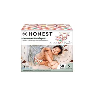 The Honest Company Clean Conscious Diapers | Plant-Based, Sustainable | Wingin It + Painted Feathers | Club Box, Size 5 (27+ lbs), 50 Count