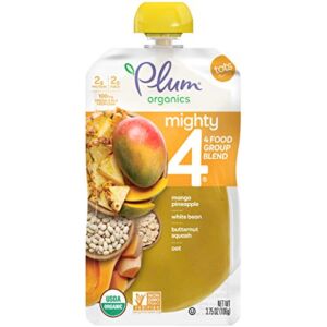Plum Organics Mighty 4, Organic Toddler Food, Mango, Pineapple, White Bean, Butternut Squash & Oat, 3.75 Ounce (Pack of 12)