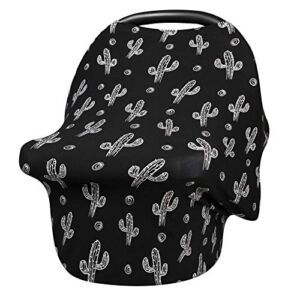 Baby Car Seat Cover, Infant Carseat Canopy, Nursing Breastfeeding Cover, Stretchy Carrier Covers for Stroller/High Chair/Shopping Cart, Newborn Registry & Shower Gift for Boys Girls – Black Cactus