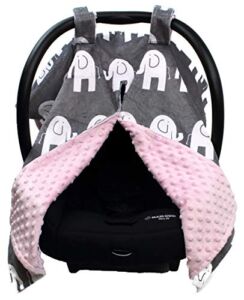 Dear Baby Gear Deluxe Car Seat Canopy, Custom Minky Print White Elephants, Pink Minky Dot
