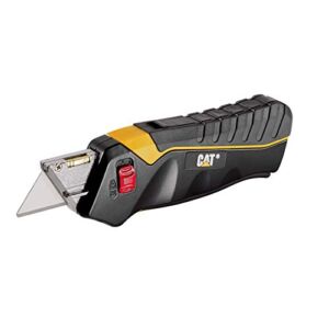 Cat Safety Utility Knife Box Cutter Self-Retracting Blade, Squeeze Handle to Extend Blade, Release to Retract, Lock Blade Open w/Switch, Ergo Handle w/ 3 Safety-Tip Blades That Store Inside – 240071