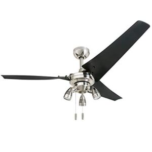 Honeywell Ceiling Fans Phelix – 56-in Dual Mount Indoor Fan with Pull Chain – LED Ceiling Fan with Light – Contemporary Room Fan with Black ABS Blades – 50611-01 (Brushed Nickel)