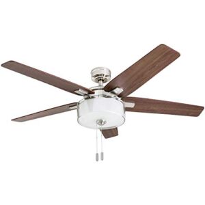 Prominence Home 50880-01 Cicero Contemporary Ceiling Fan, 52″, LED Drum Shade Glass Light Fixture, Brushed Nickel