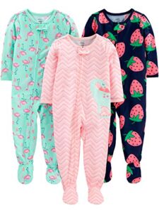 Simple Joys by Carter’s Baby Girls’ Loose-Fit Polyester Jersey Footed Pajamas, Pack of 3, Dinosaur/Strawberry, 18 Months
