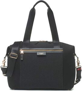 Stevie Luxe Scuba Black Modern Style Baby Diaper Bag by Storksak | Water-Resistant, Large Capacity Multi-Functional Bag with Smooth Leather Trim and Rose Gold Hardware | Shoulder and Stroller Straps