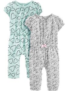Simple Joys by Carter’s Baby Girls’ Jumpsuits, Pack of 2, Blue/Grey, Hearts, 18 Months