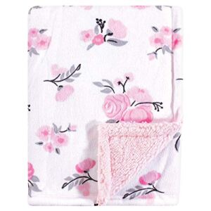 Hudson Baby Unisex Baby Plush Mink and Sherpa Blanket, Pink Floral, One Size
