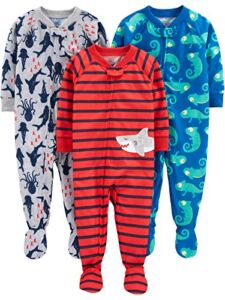Simple Joys by Carter’s Baby Boys’ Loose-Fit Polyester Jersey Footed Pajamas, Pack of 3, Red/Blue/Grey, Shark/Stripe, 18 Months