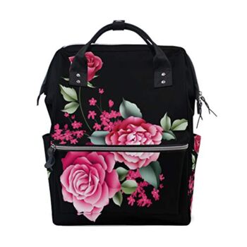 Black Pink Rose Diaper Bag Backpack Mom Bag Casual Lightweight Large Capacity for Travel Mammy Women Girls | The Storepaperoomates Retail Market - Fast Affordable Shopping
