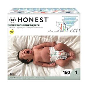 The Honest Company Clean Conscious Diapers | Plant-Based, Sustainable | Dots & Dashes + Multi-Colored Giraffes | Super Club Box, Size 1 (8-14 lbs), 160 Count