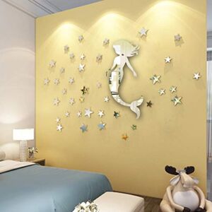 Mermaid Mirror Wall Decal 20″ and 53 Stars for Girl Room Wall Decor and Silver Mirror Reflection for Mermaid Party Decoration …