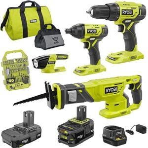 Ryobi 4-Tool Super Combo Bundle, 18-Volt ONE+ Lithium-Ion Cordless with Drill/Driver, Impact Driver, Reciprocating Saw, Work Light, (2) Batteries, 18-Volt Charger, Drill Bit Set, Buho Tool Bag