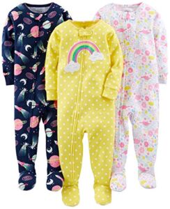 Simple Joys by Carter’s Baby Girls’ Snug-Fit Footed Cotton Pajamas, Pack of 3, Dinosaur/Space/Rainbow, 12 Months