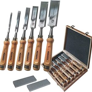 HAWERK Wood Chisel Sets – Wood Carving Chisels with Premium Wooden Case – Includes 6 pcs Wood Chisels & 2 Sharpening Stones