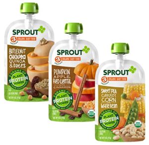 Sprout Organic Baby Food, Stage 3 Pouches, Butternut Chickpea, Pumpkin Red Lentil and Sweet Pea White Bean Variety Pack, 4 Oz Purees (Pack of 18)