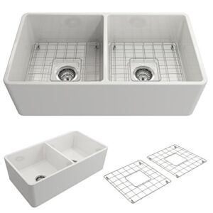 BOCCHI Classico Farmhouse Apron Front Fireclay 33 in. Double Bowl Kitchen Sink with Protective Bottom Grid and Strainer in White