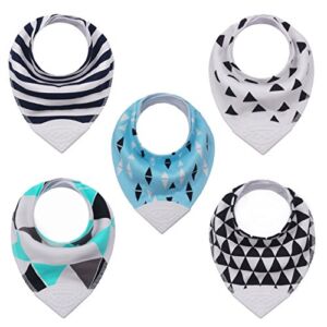 Baby & Toddler Bandana Teething Bib with BPA-Free Silicone Teether and Adjustable Snap for Boys and Girls, (5-Pack)