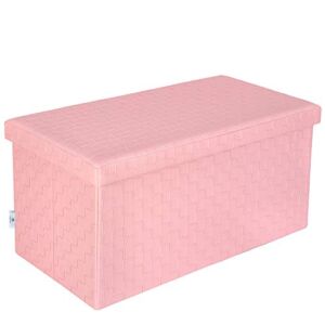 B FSOBEIIALEO Folding Storage Ottoman, Faux Leather Footrest Stool Long Bench Toy Box Chest for Girls, Pink 30″x15″x15″