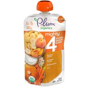 Plum Organics Baby Food Pouch | Mighty 4 | Banana, Peach, Pumpkin, Carrot, Greek Yogurt and Oat | 4 Ounce | 6 Pack | Organic Food Squeeze for Babies, Kids, Toddlers
