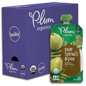 Plum Organics Baby Food Pouch | Stage 2 | Pear, Spinach and Pea | Fresh Organic Food Squeeze | For Babies, Kids, Toddlers | 4 Ounce (Pack of 6)