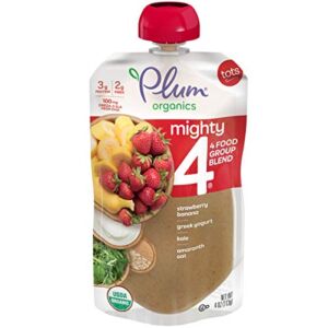 Plum Organics Baby Food Pouch | Mighty 4 | Strawberry, Banana, Greek Yogurt, Kale, Amaranth and Oat | Organic Food Squeeze for Babies, Kids, Toddlers, 4 Ounce (Pack of 6)