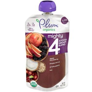 Plum Organics Baby Food Pouch | Mighty 4 Blends | Apple, Blackberry, Purple Carrot, Greek Yogurt & Oat | 4 Ounce | | Organic Food Squeeze for Babies, Kids, Toddlers