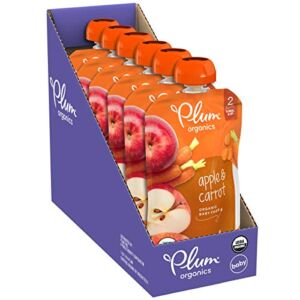 Plum Organics Baby Food Pouch | Stage 2 | Apple & Carrot | 4 Ounce (Pack of 6) | Fresh Organic Food Squeeze | For Babies, Kids, Toddlers
